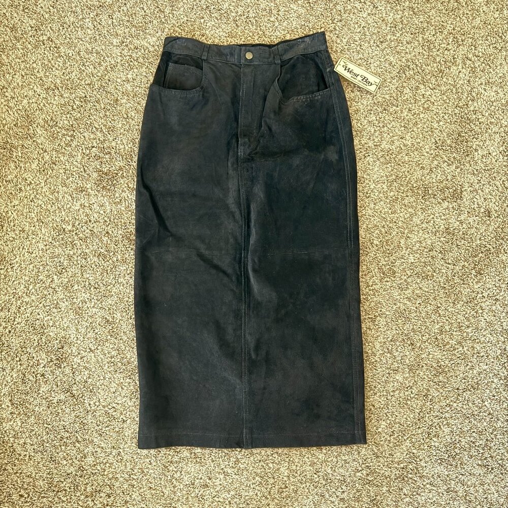 Vintage 100% genuine leather suede midi maxi skirt black cowgirl sz 10